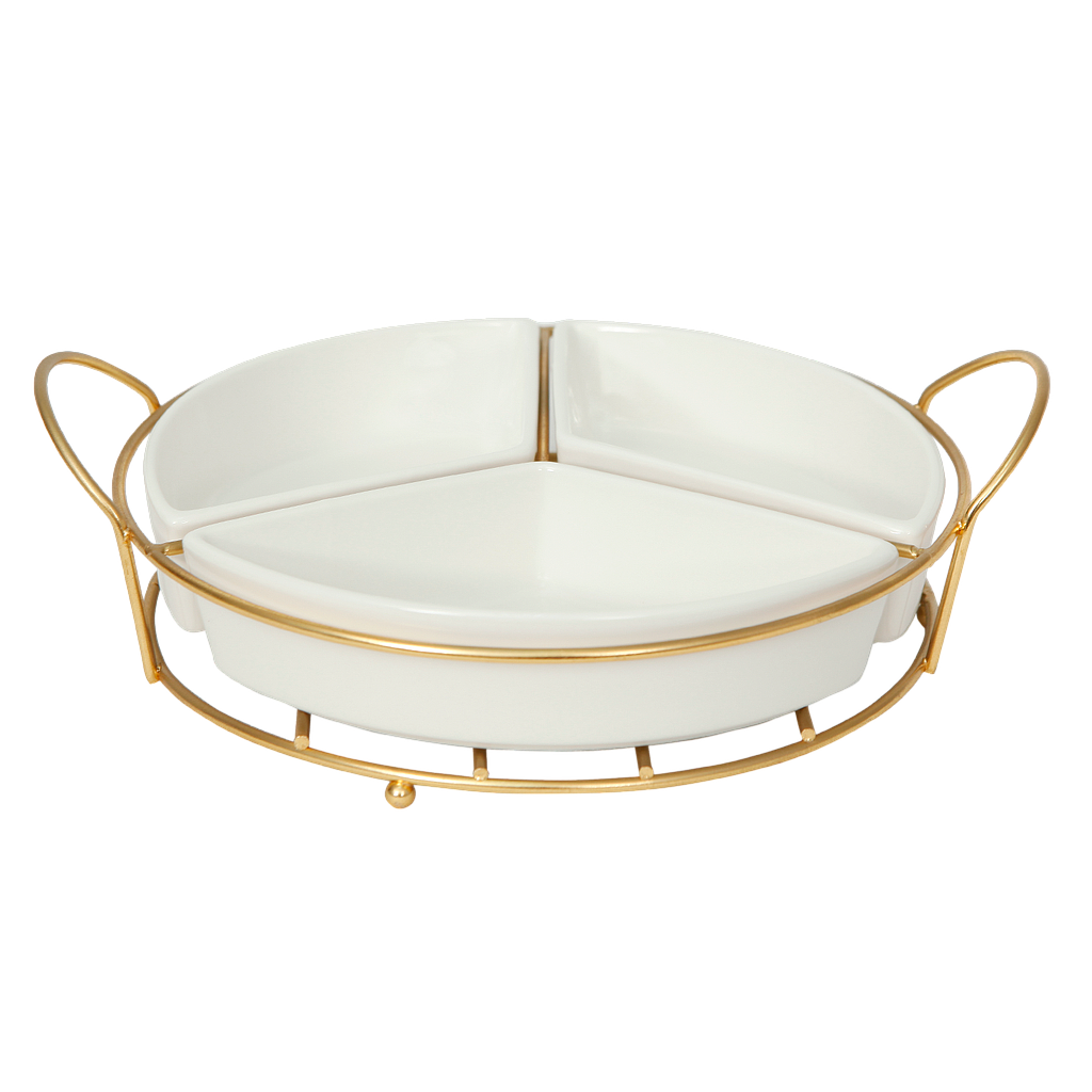 Ceramic round Tray 3 compartments - Gold and White