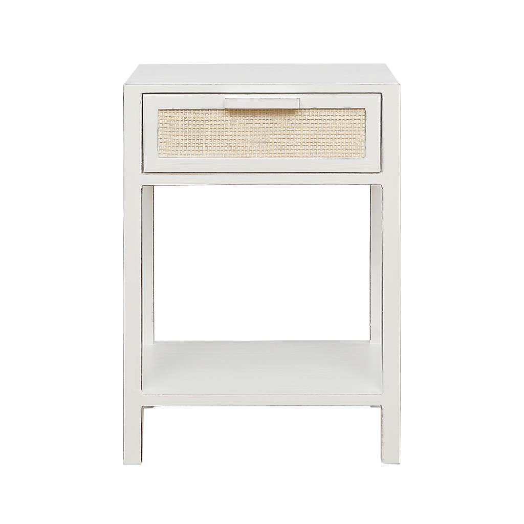 ALINA - Bedside table H65 - Brocante white and natural cane