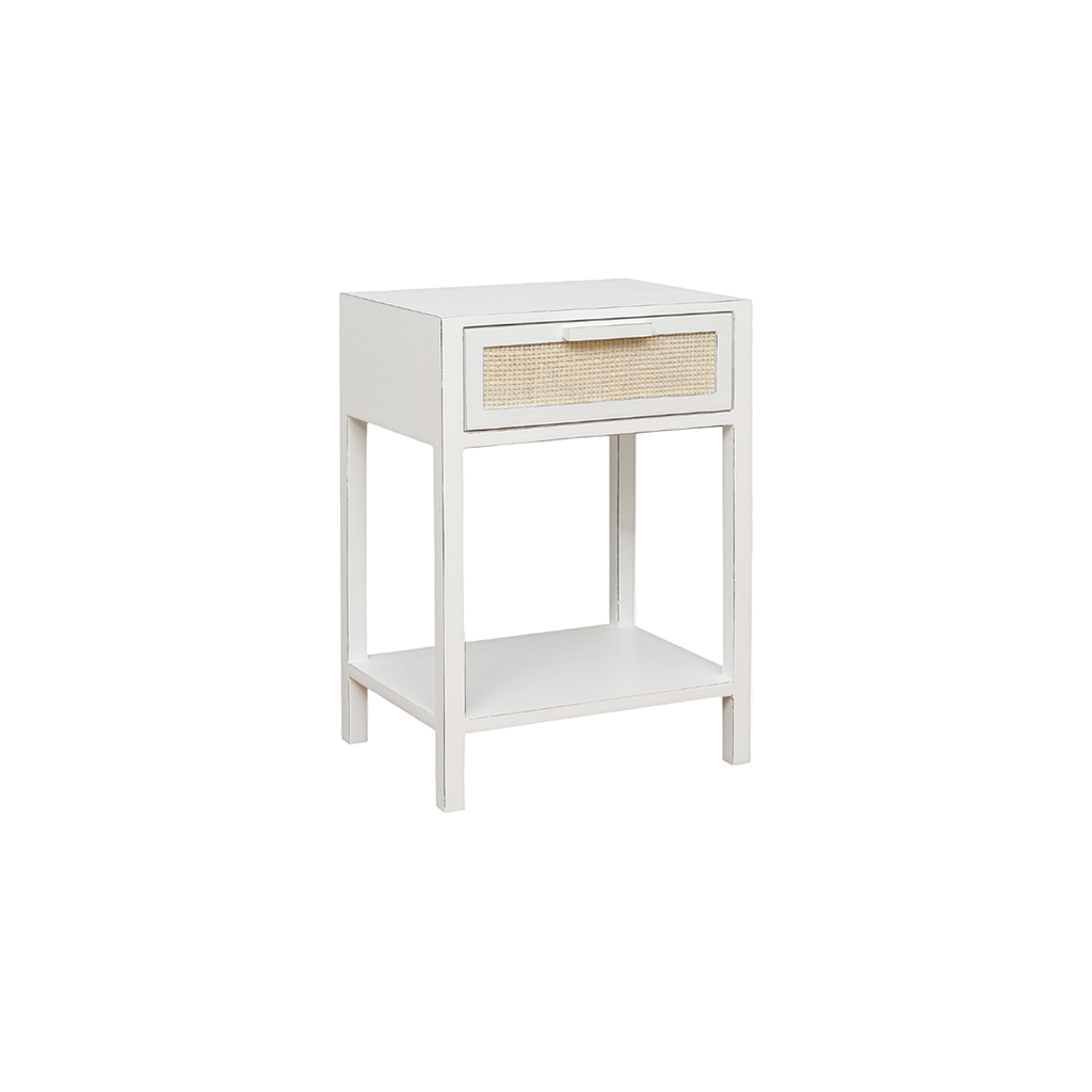 ALINA - Bedside table H65 - Brocante white and natural cane