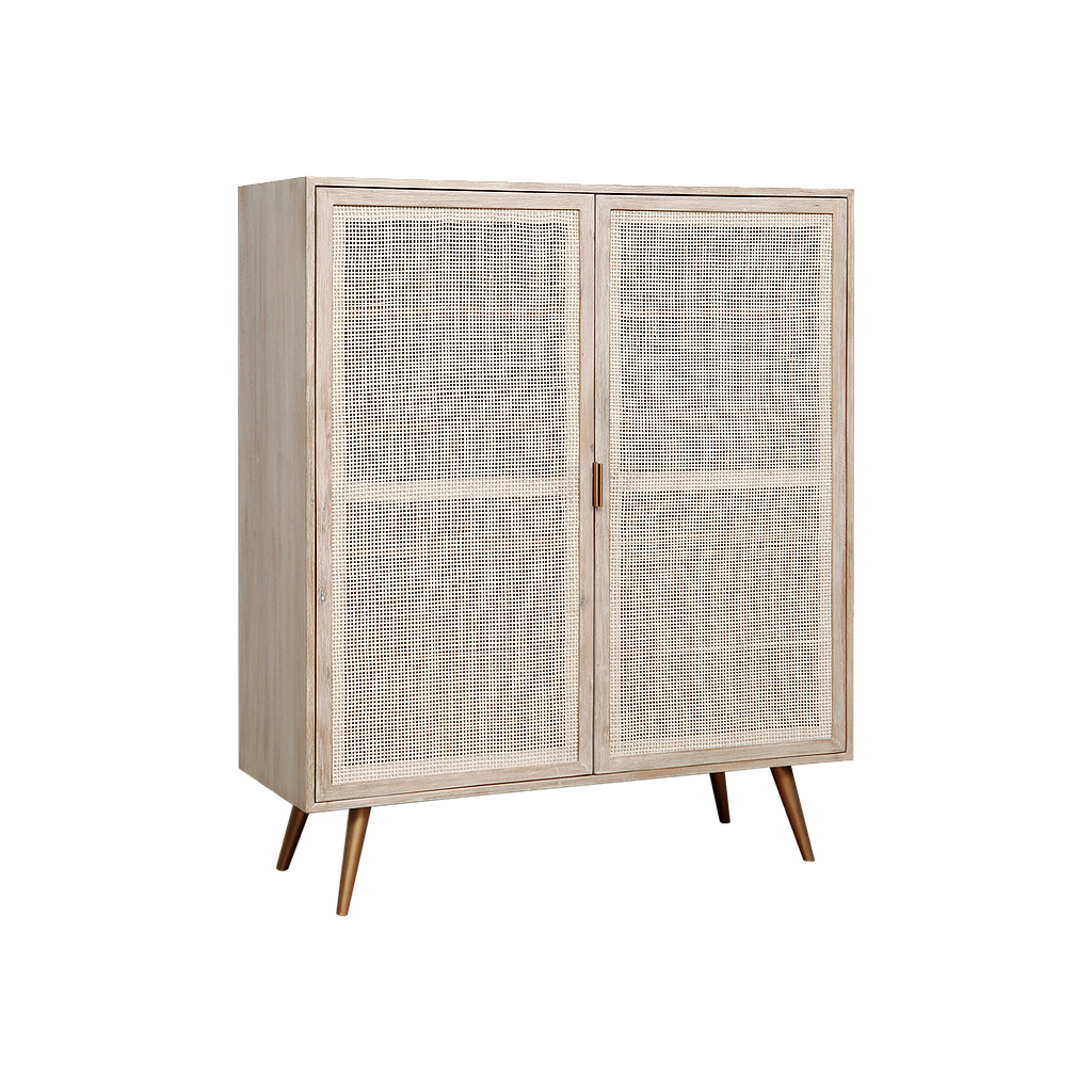 SPRING - Shoe cabinet L110 x H130 - Whitened acacia, Natural cane and Vintage brass