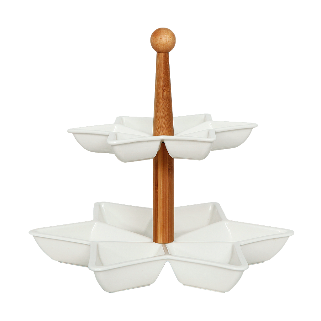 LENA - 2-layer cake stand Diam 32 x H28 - White ceramic and bamboo