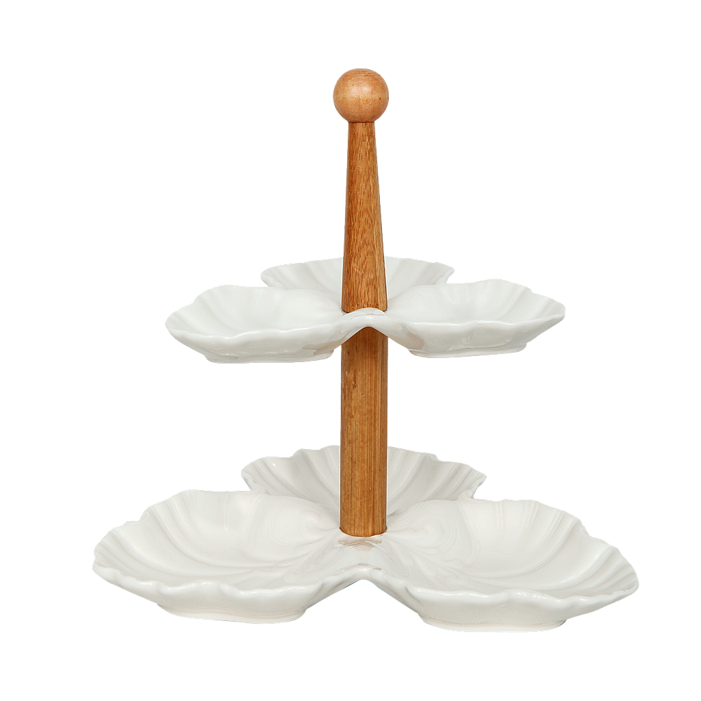 2-layer cake stand diam.28 x H28 - White ceramic with bamboo