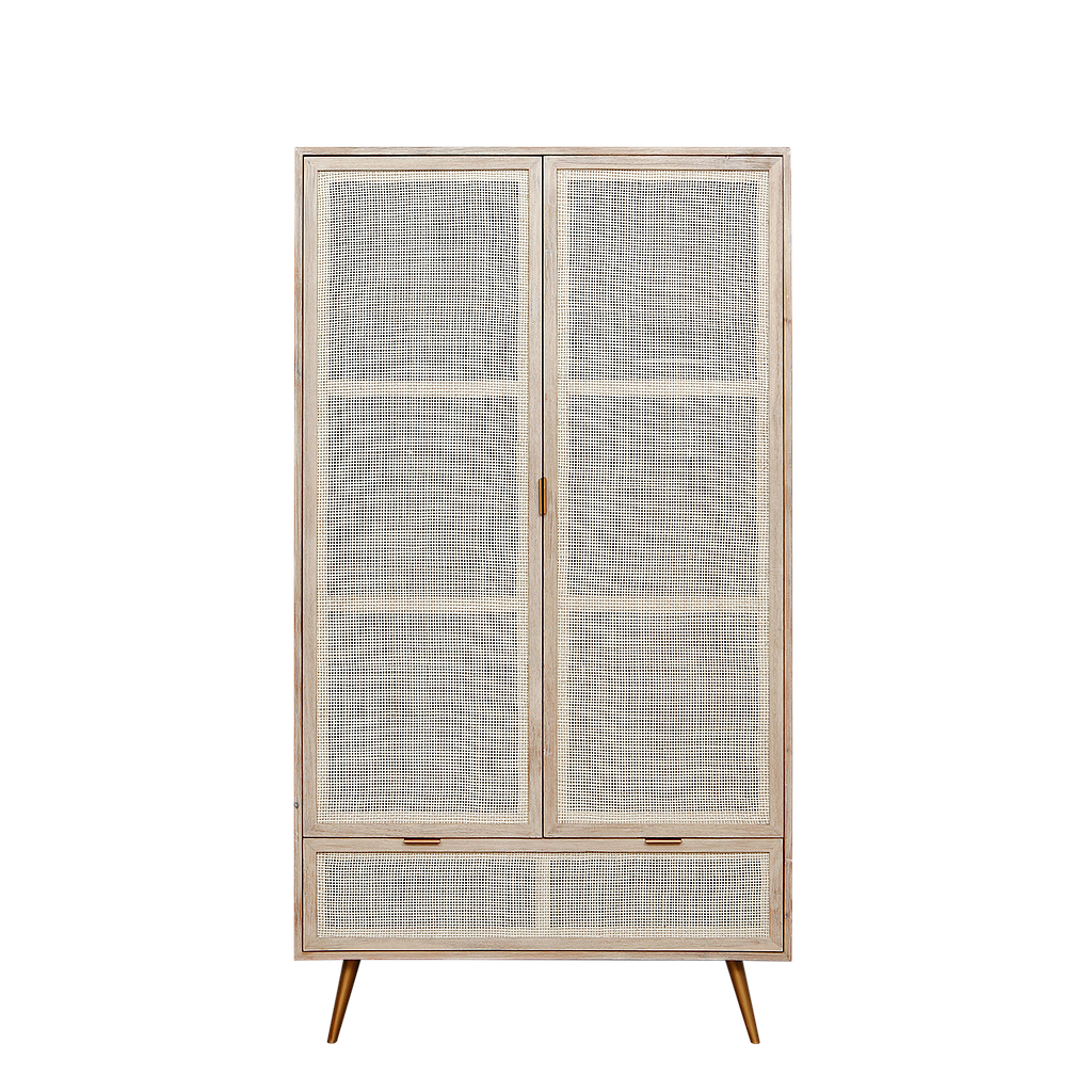 SPRING - Wardrobe L110 x H200 - Whitened acacia, natural cane and metal legs