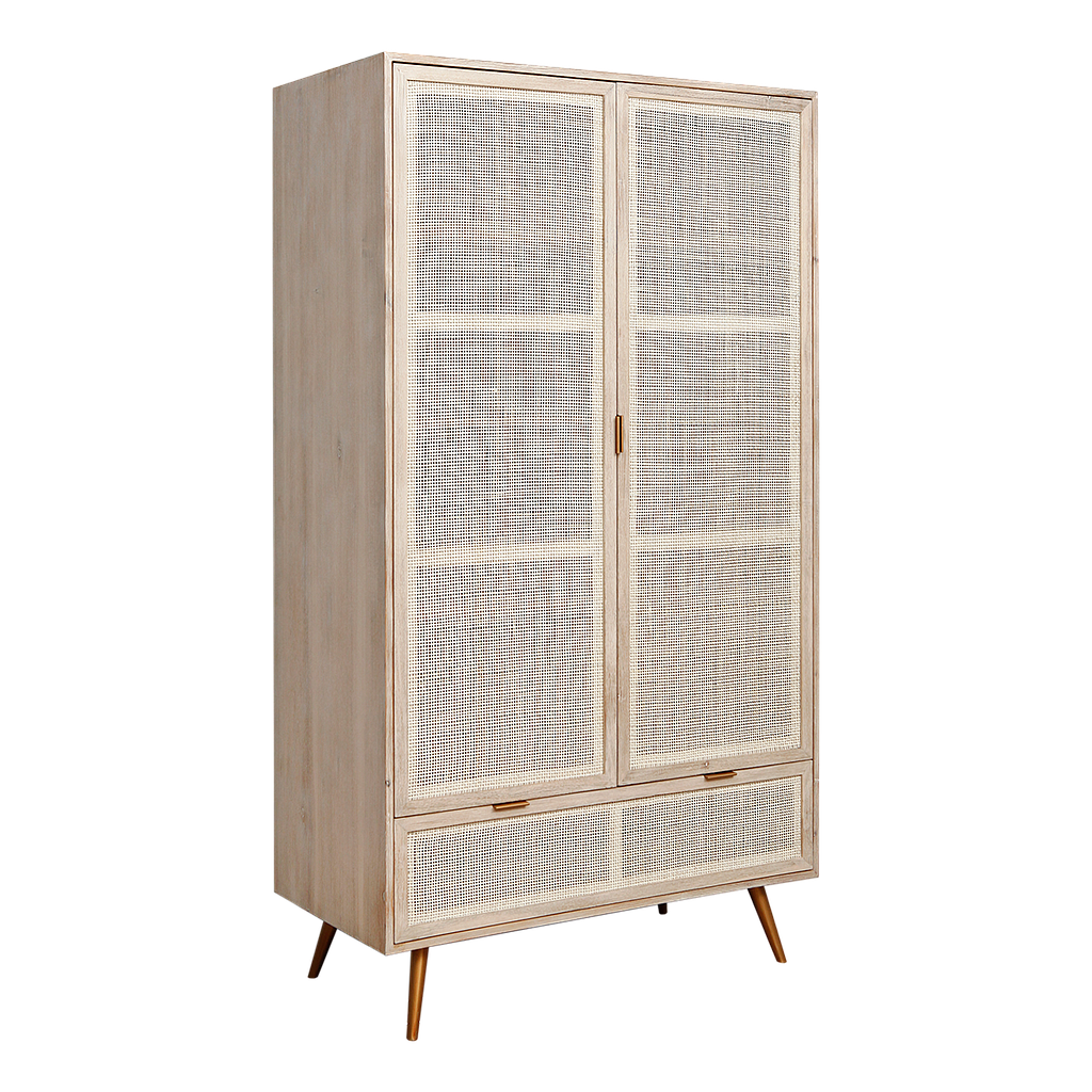 SPRING - Wardrobe L110 x H200 - Whitened acacia, natural cane and metal legs