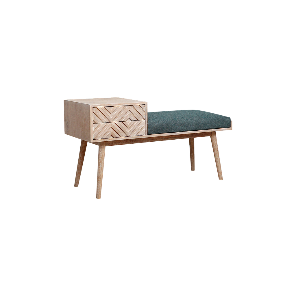 PORTO - Hallway bench L110 - Whitened acacia and Blue cushion