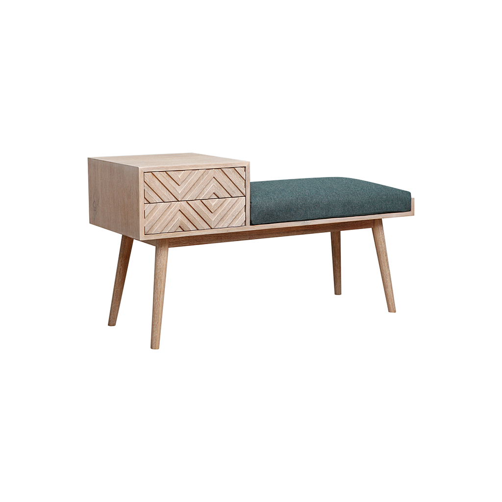 PORTO - Hallway bench L110 - Whitened acacia and Blue cushion