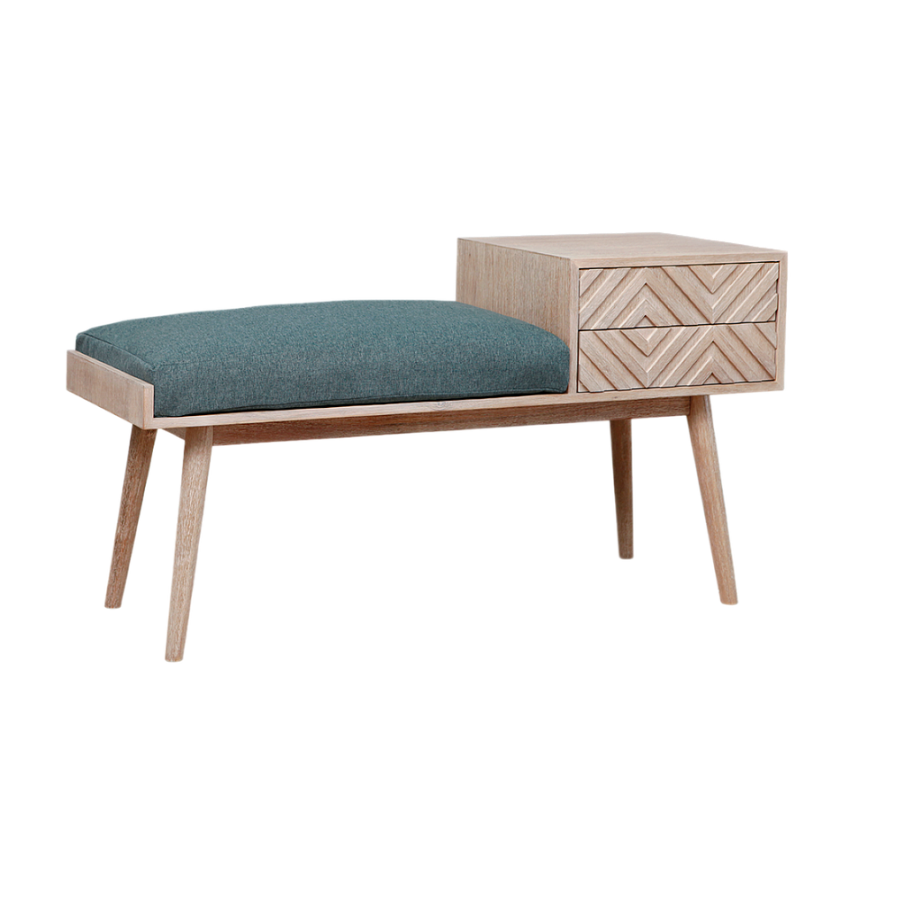 PORTO - Hallway bench L110 - Whitened acacia and Blue cushion
