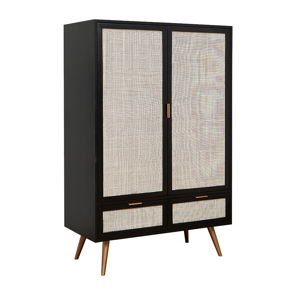 SPRING - Highboard L90 x H140 - Black stained, Natural cane and Vintage brass