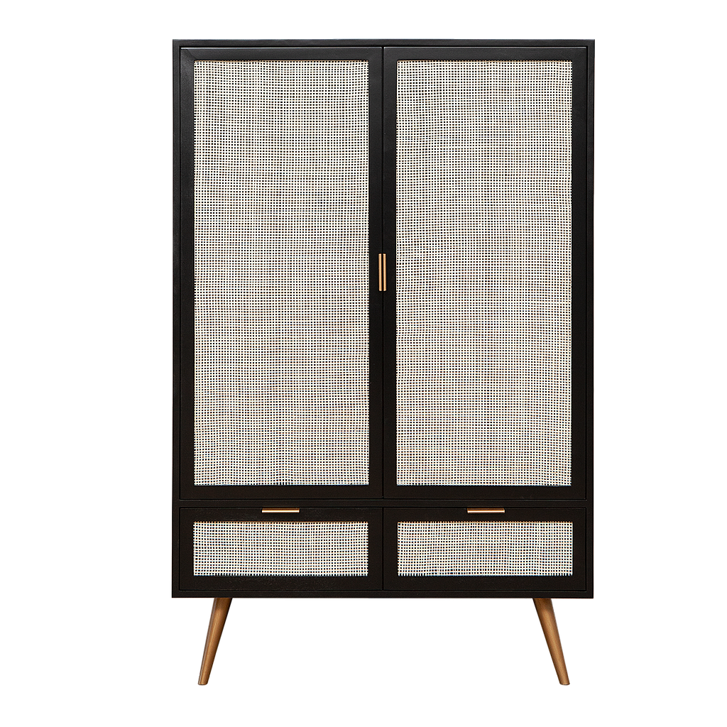 SPRING - Highboard L90 x H140 - Black stained, Natural cane and Vintage brass