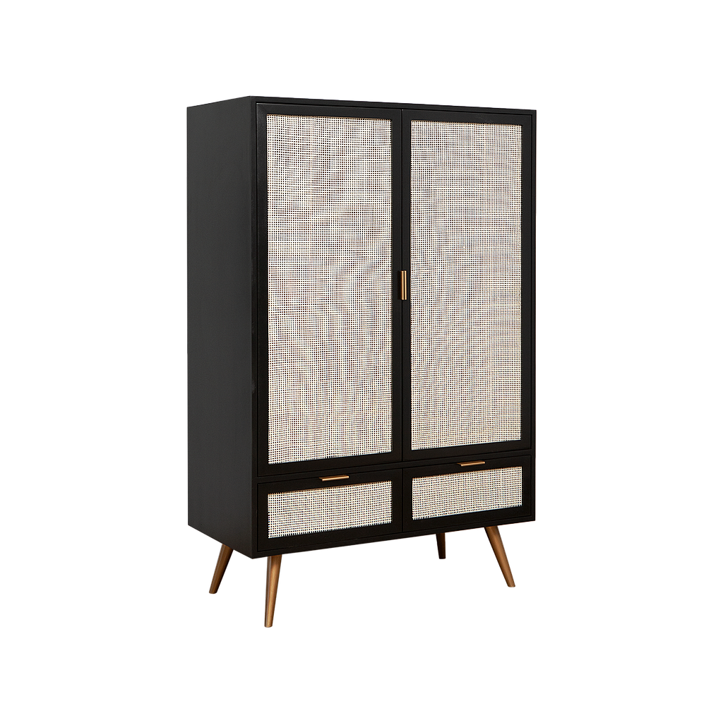 SPRING - Highboard L90 x H140 - Black stained, Natural cane and Vintage brass