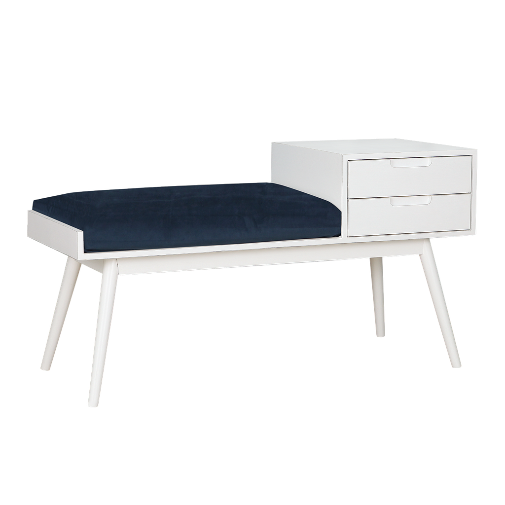 HELSINKI - Hallway bench L110 - Brocante white and Dark blue cushion
