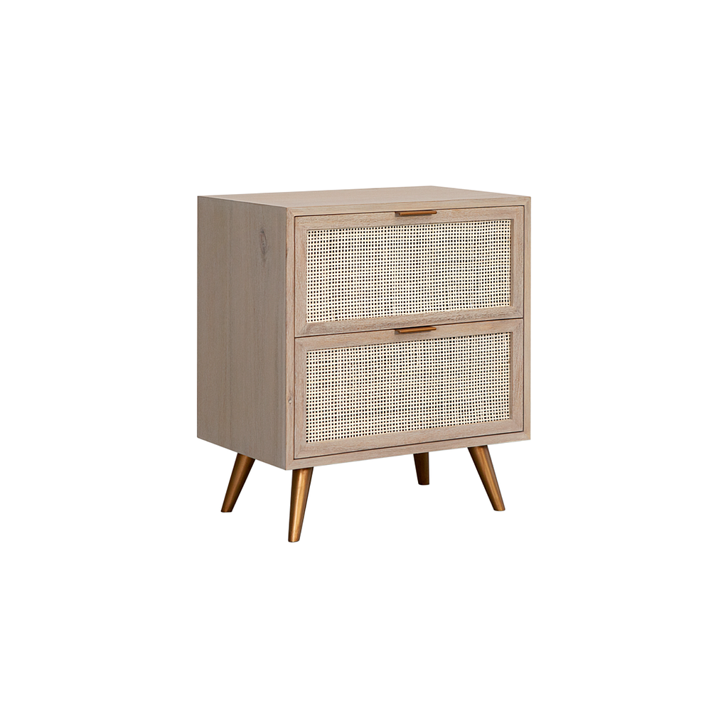 SPRING - Bedside table L53 x H62 - Whitened acacia, natural cane and Vintage brass