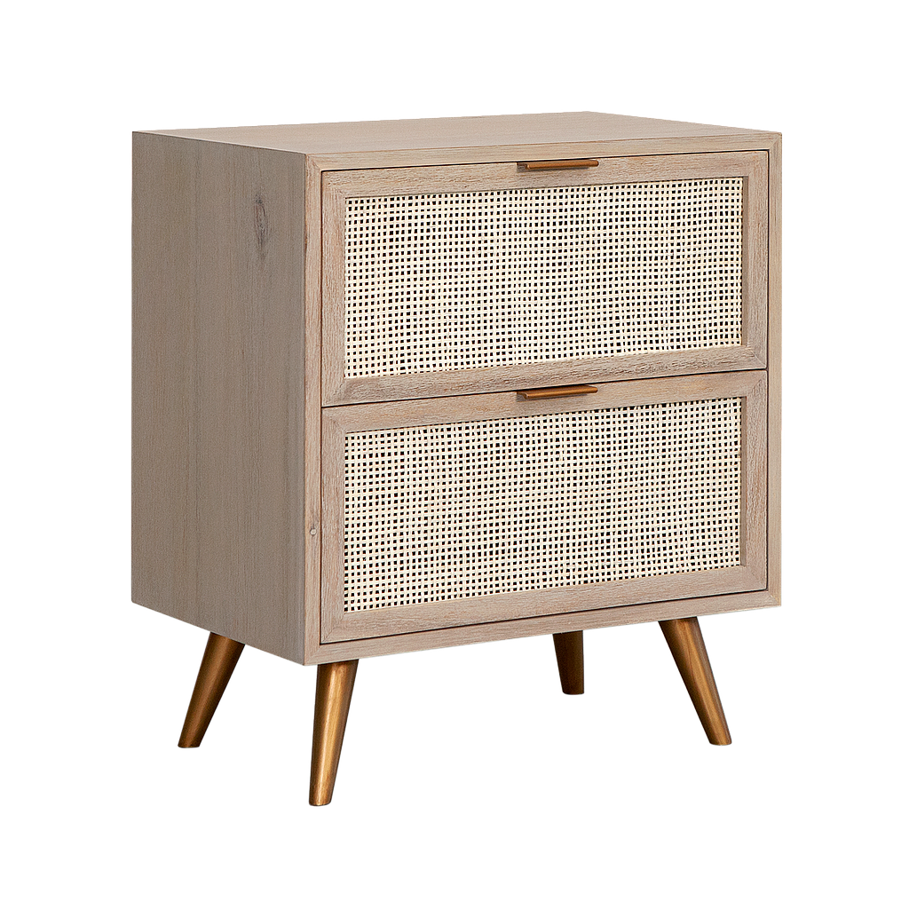 SPRING - Bedside table L53 x H62 - Whitened acacia, natural cane and Vintage brass