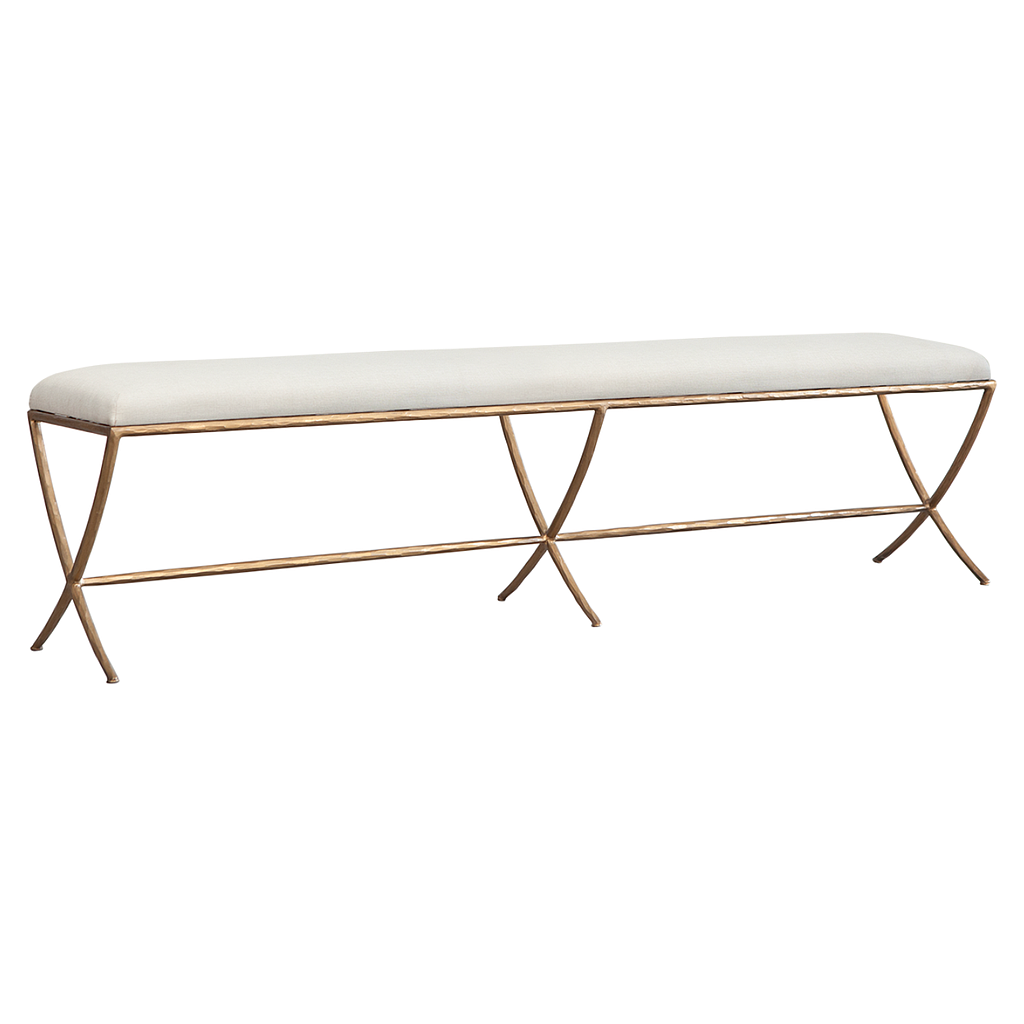 Hand-hammered metal bench L180 - Aged brass and Cream cover seat