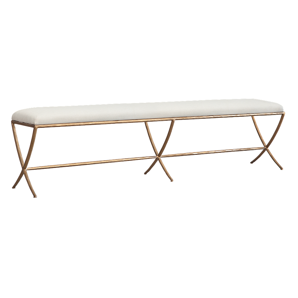 Hand-hammered metal bench L180 - Aged brass and Cream cover seat