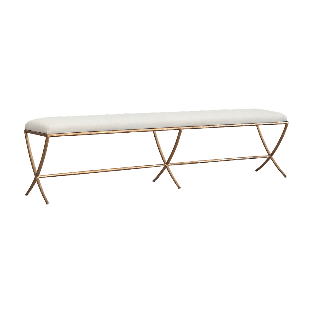 Hand-hammered metal bench L180 - Aged brass and Cream cover seat
