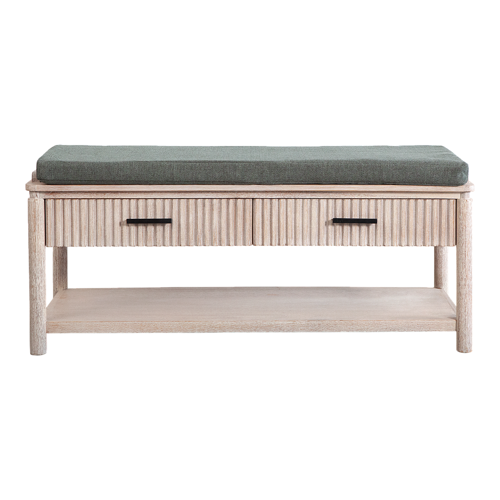 LEEDEN - Entry bench L110 - Whitened acacia and Smokey green cover