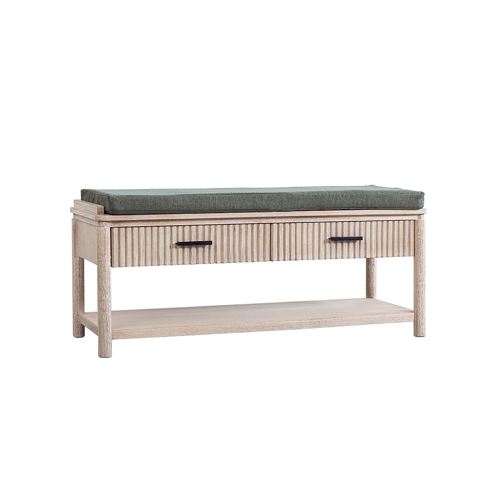 LEEDEN - Entry bench L110 - Whitened acacia and Smokey green cover