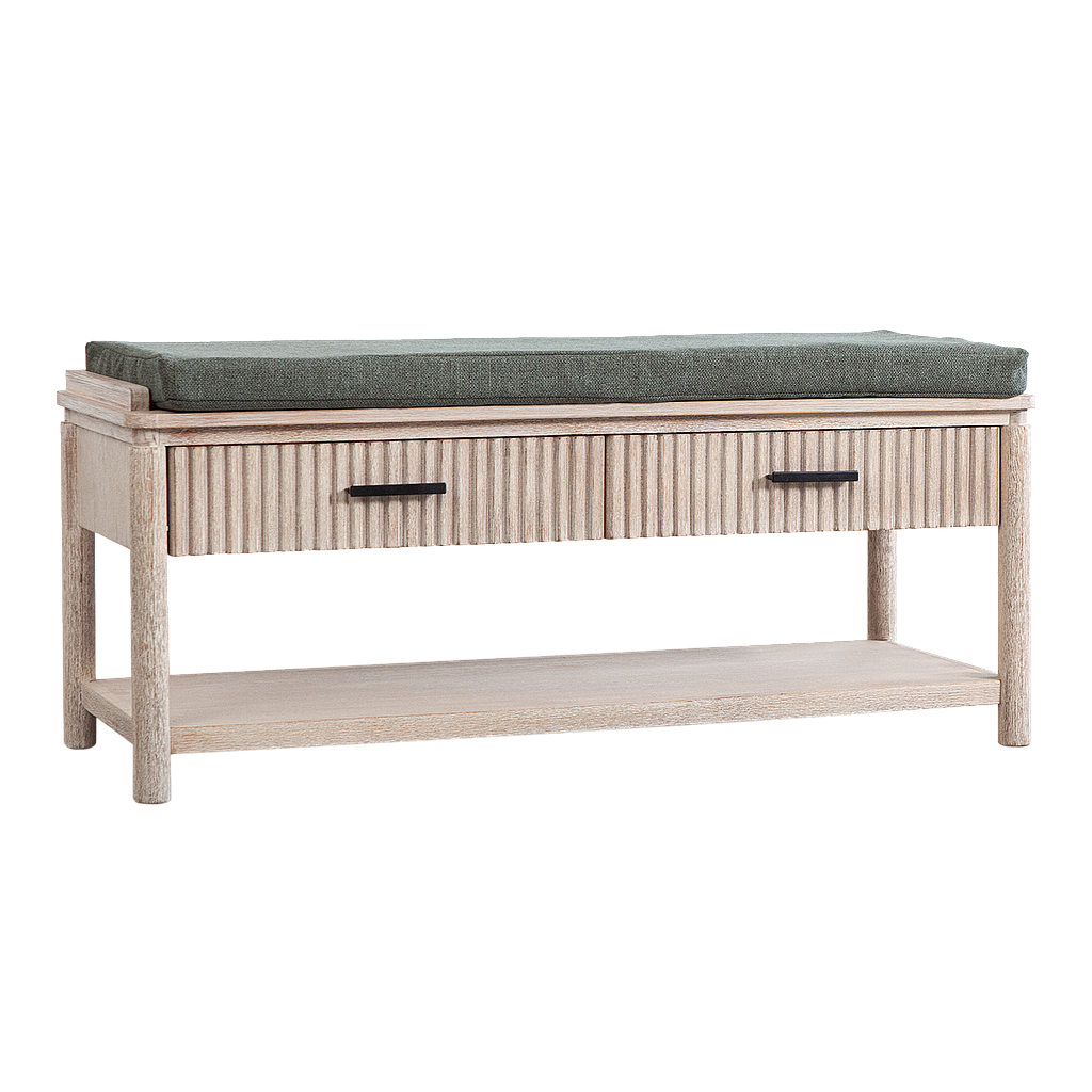 LEEDEN - Entry bench L110 - Whitened acacia and Smokey green cover